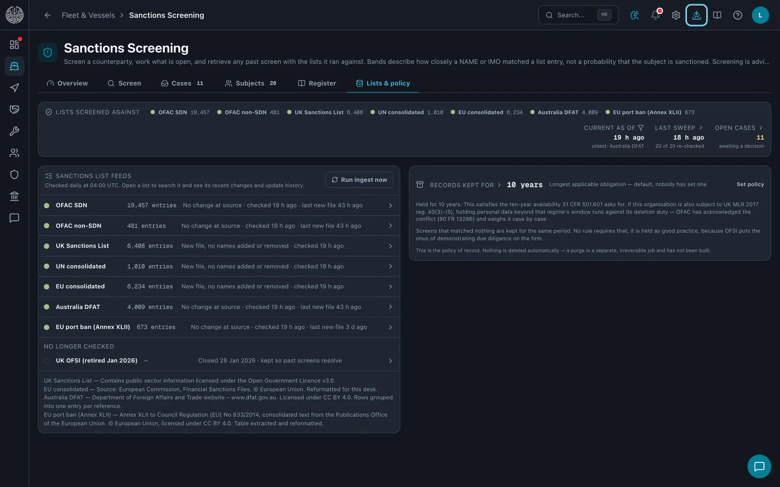 The Sanctions Screening desk on its Lists and policy tab: the seven lists held and when each was last checked.